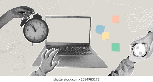 Fashionable halftone collage. Remote collaboration,time management,time management,online learning,work from home,coffee break concept. Vector illustration