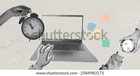 Fashionable halftone collage. Remote collaboration,time management,time management,online learning,work from home,coffee break concept. Vector illustration