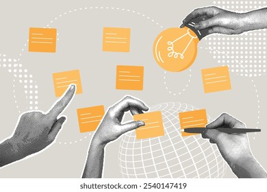 Fashionable halftone collage.Business discussion concept, business idea presentation,brainstorming,meeting and discussion,pitching an idea.Illustration for web banner, social media banner.Vector