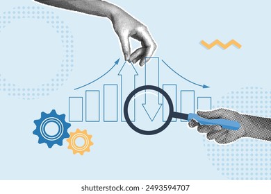 Collage de semitonos de moda. Concepto de control de costo y calidad, optimización de la gestión. El hombre mejora la eficiencia del trabajo para controlar la calidad y reducir los costos de la empresa.