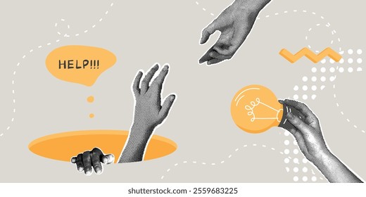 Fashionable halftone collage.Concept of success,asking for help,helping hand,idea of how to overcome adversity.The hand pulls out of the pit of failure and gives an idea how to solve the problem