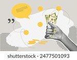 Fashionable halftones collage business concept. Concept of saving, saving, saving, collecting money. Trendy modern retro illustration on financial theme. Vector illustration of business