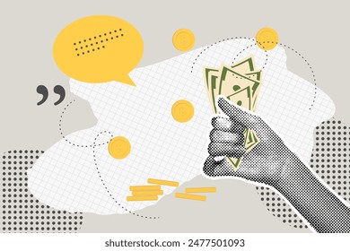 Fashionable halftones collage business concept. Concept of saving, saving, saving, collecting money. Trendy modern retro illustration on financial theme. Vector illustration of business