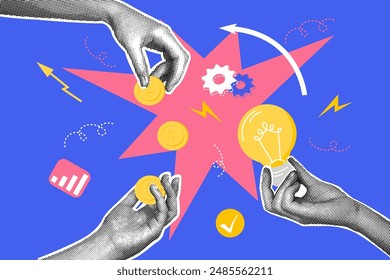 Fashionable halftones collage business concept. Concept of idea, financial profit, favorable terms. Trendy modern retro illustration in bright trendy colors. Business concept, financial planning