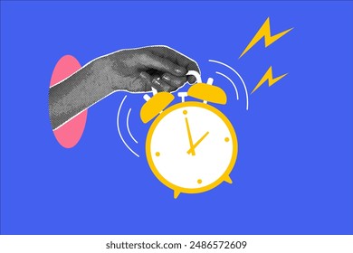 Fashionable halftones collage business concept. Time concept, alarm clock, ringing, ready. Trendy modern retro illustration in bright trendy colors. Business concept. Vector illustration