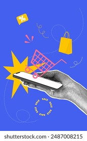 Fashionable halftones collage business concept. Concept of shopping, sales, online payment, phone usage. Trendy modern retro illustration in bright trendy colors. Business concept