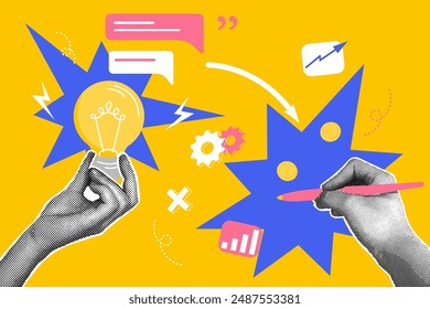 Fashionable halftones collage business concept. Concept of idea, contract conclusion, favorable conditions. Trendy modern retro illustration in bright trendy colors. Business concept, financial