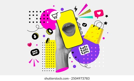 Fashionable halftones collage business concept. Concept of shopping, sales, online payment, phone usage. Trendy modern retro illustration in bright trendy colors. Vector illustration