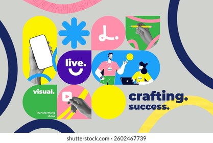 Fashionable halftones collage business concept. Concept of idea, financial profit, Digital marketing. Trendy modern retro illustration in bright trendy colors. Business concept, financial planning