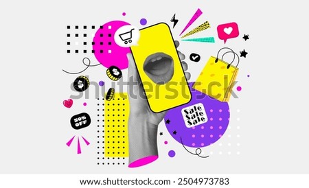 Fashionable halftones collage business concept. Concept of shopping, sales, online payment, phone usage. Trendy modern retro illustration in bright trendy colors. Vector illustration