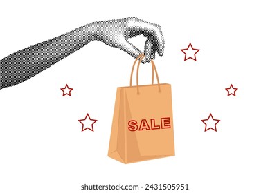 Fashionable halftones collage. Poster template Sale. Hand holding a shopping bag. Special offer, discounts, sale. Online shopping. Announcement and marketing. Modern vector art 