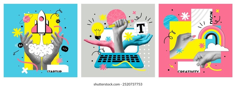 Fashionable halftones collage. Startup business concept, fast business startup, creative marketing and Innovation. Trendy modern retro illustration in bright trendy colors. Strategic planning. Vector