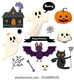 Fashionable Halloween elements set. Witchcraft, cat, bat, ghost, house with smoke, tree, skull, pumpkin, bone. For postcard, sticker, poster