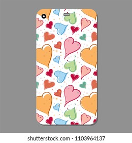Fashionable hand drawn hearts ornament for mobile phone cover case. The visible part of the clipping mask. Vector illustration