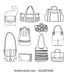 Fashionable handbags. Black and white illustration of bags.