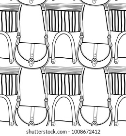 Fashionable handbags. Black and white seamless pattern of bags for coloring book.