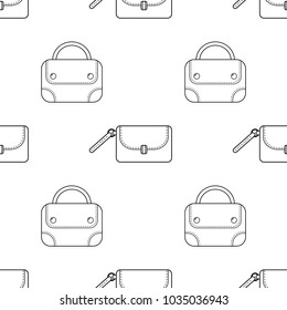 Fashionable handbags. Black and white seamless pattern of bags for coloring book. Vector.