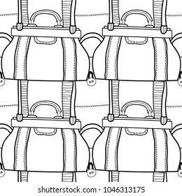Fashionable handbags. Black and white seamless pattern of bags for coloring book.