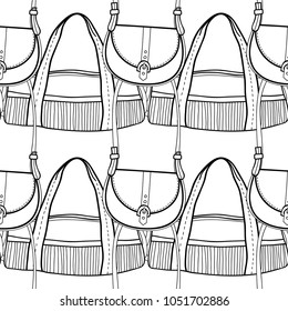 Fashionable handbags. Black and white seamless pattern of bags for coloring book.