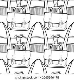 Fashionable handbags. Black and white seamless pattern of bags for coloring book.