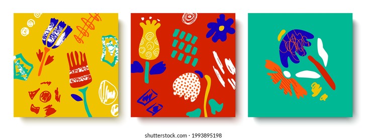 Fashionable hand-drawn set of flower cards.The elements are flowers, hand-drawn details.Abstract art design of wallpapers, covers,prints,postcards,children's holidays.