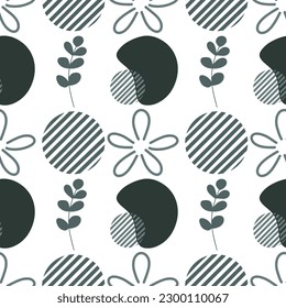 Fashionable handmade textures. Seamless pattern with flowers, twigs, geometric spots. Modern background in flat style for printing on fabric, wallpaper, paper, curtains.