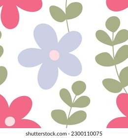 Fashionable handmade textures. Seamless pattern with multicolored flowers, green twigs on a white background. Modern background in a flat style. For printing on fabric, wallpaper, paper, curtains.