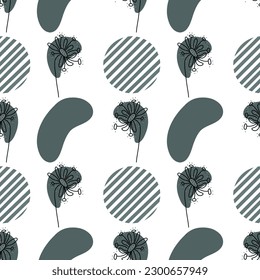 Texturas artesanales de moda. Patrón sin foco con flores primaverales, ramas, puntos geométricos. Fondo moderno de estilo plano para imprimir sobre tela, papel pintado, papel, cortinas. Papel envuelto.