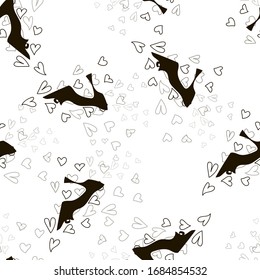 Fashionable high heeled shoes on a background of hearts. Seamless vector flat pattern. Silhouette, black and white. Design for fabric, textiles, wrapping paper, Wallpaper.