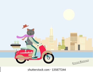 Fashionable Hipster cat on a vintage scooter in a city- illustration