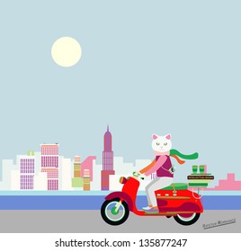 Fashionable Hipster cat on a vintage scooter in a city- illustration