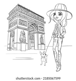 Fashionable hipster girl tourist with cute dog in Paris. Black and white illustration for coloring book.