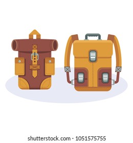 Fashionable hipster leather backpacks. Flat vector cartoon illustration. Objects isolated on white background.