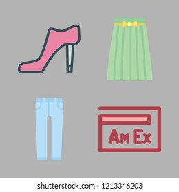 fashionable icon set. vector set about high heel, skirt, american express and jeans icons set.