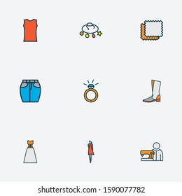 Fashionable icons colored line set with tailor, evening wear, short skirt and other engagement elements. Isolated vector illustration fashionable icons.