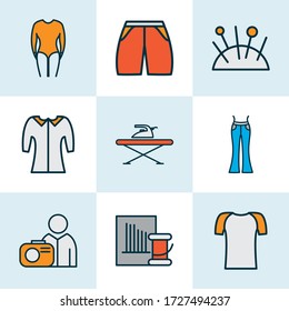 Fashionable icons colored line set with shorts, flared jeans, mid sleeve and other bell sleeve shirt elements. Isolated vector illustration fashionable icons.