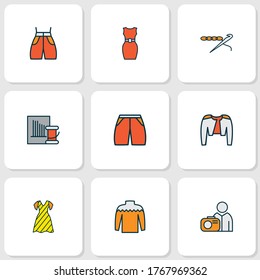 Fashionable icons colored line set with sleeveless dress, shorts, photograph and other beachwear elements. Isolated vector illustration fashionable icons.