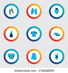 Fashionable icons colored set with apparel, sandals, underpants underwear elements. Isolated vector illustration fashionable icons.