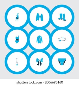 Fashionable icons colored set with cowboy boots, underpants, necklace and other swimwear elements. Isolated vector illustration fashionable icons.