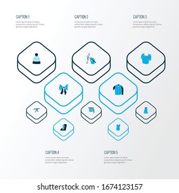 Fashionable icons colored set with runway, long skirt, top and other flatiron elements. Isolated vector illustration fashionable icons.