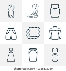 Fashionable icons line style set with cowboy boots, evening wear, swimming trunks and other sweater elements. Isolated vector illustration fashionable icons.