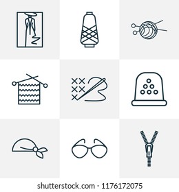 Fashionable icons line style set with fashion sketch, zipper, thimble and other wool elements. Isolated vector illustration fashionable icons.