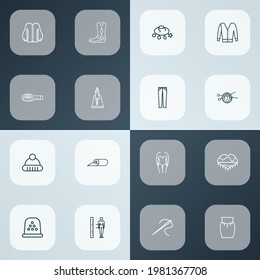 Fashionable icons line style set with cowboy boots, poncho, winter hat and other swimwear elements. Isolated vector illustration fashionable icons.