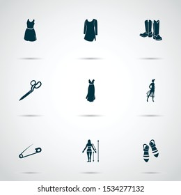 Fashionable icons set with evening wear, cowboy boots, tailor shears and other scissors
elements. Isolated vector illustration fashionable icons.