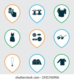 Fashionable icons set with puritan collar, top, bobbin and other sundress elements. Isolated vector illustration fashionable icons.