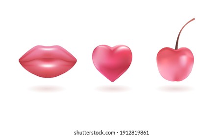 Fashionable illustration of heart, lip and cherry symbols. A set of pink realistic design objects. Vector illustration.