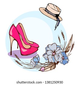 Fashionable illustration with pink heels with flowers and a hat, a sticker with women's shoes with heels on a white background. Vector eps10
