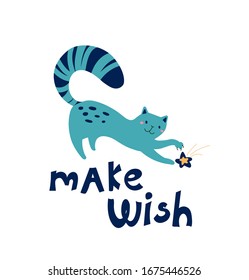 Fashionable illustration plays a paw with a star. Cute poster hand-drawn cat and lettering Make wish. Vector drawing of a relaxing kitten for print, textile, t-shirts, cards, stickers, posters.