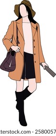 Fashionable illustration of a woman wearing a trench coat, skirt, and accessories like a bag and hat, highlighting modern trends and style.