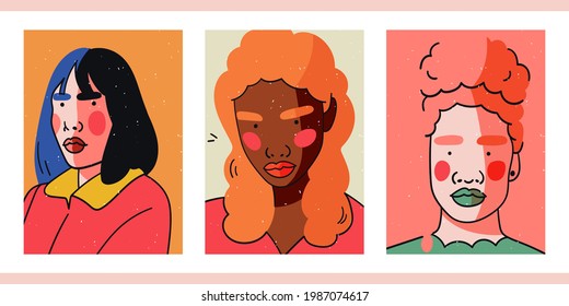 Fashionable images of girls. Hand-drawn young beautiful women. Set of three bright minimalist pop art posters with female portraits. Funny cartoon people close up. Illustrations for social networks.